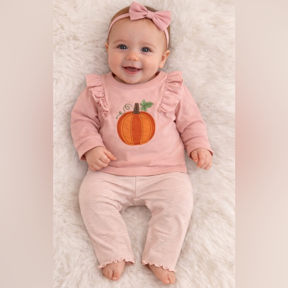 NWT!Pink Pumpkin Ruffle Sweatshirt, Leggings and headband 3 piece Set